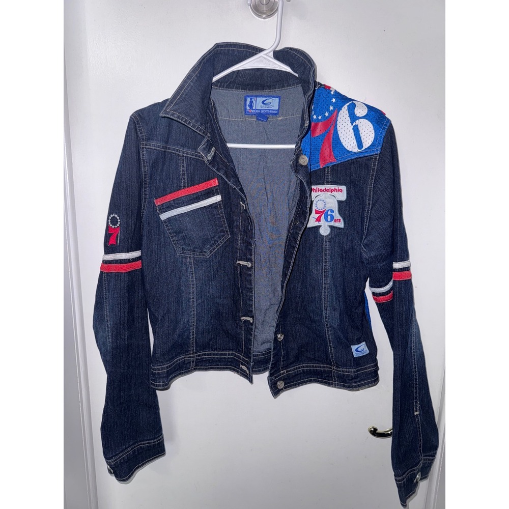 G-III Sports Carl Banks Philadelphia 76ers Denim Jersey Jacket Blue Womens L